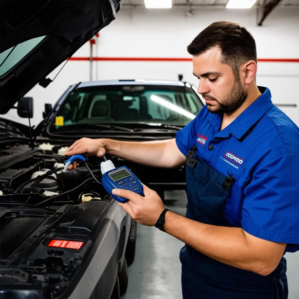 Mechanic connecting obd scanner